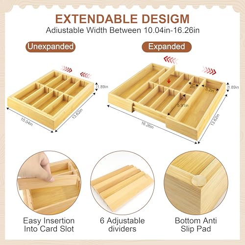 TREWAVE Bamboo Desk Drawer Organizer, Expandable Drawer Organizer Tray | 12.6" - 15.6" Wide, with Adjustable Dividers, Wooden Storage Organizers for Office Supplies, Crafts, Makeup & Kitchen Cutlery