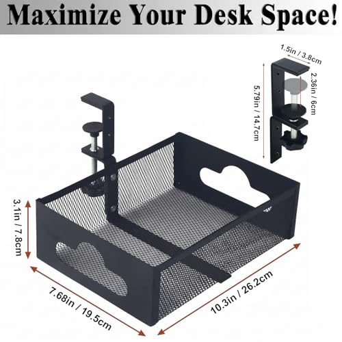Under Desk Organizer 360° Swivel,No-Drill Clamp-On,Holds Up to 7lbs | 360° rotation,no-drill clamp,holds up to 7lbs, cup holder,mesh storage,office/kitchen/art use - size: without holder cup