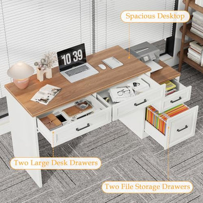 Vabches 61" Farmhouse Computer Desk with Storage and File Drawer | Executive Desks with Printer Stand, Rustic Large Home Writing Desk for Home Office - color: Unique White