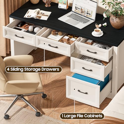 Vabches 55″ Farmhouse Desk with 5 Storage Drawers, Black | Large Home Office Computer Desk with Adjustable File Drawer, Executive Workstation with Storage for Study Writing Work