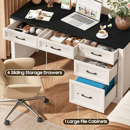 Vabches 55″ Farmhouse Desk with 5 Storage Drawers, Black | Large Home Office Computer Desk with Adjustable File Drawer, Executive Workstation with Storage for Study Writing Work