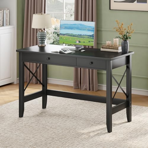 JSB 43.3 Inch Black Computer Desk with 2 Drawers for Home Office Bedroom | Study Writing Table for Small Spaces Living Room Farmhouse Style , Smart Storage, Painted finish, Thickened MDF - color: Black, size: 43.3 inch