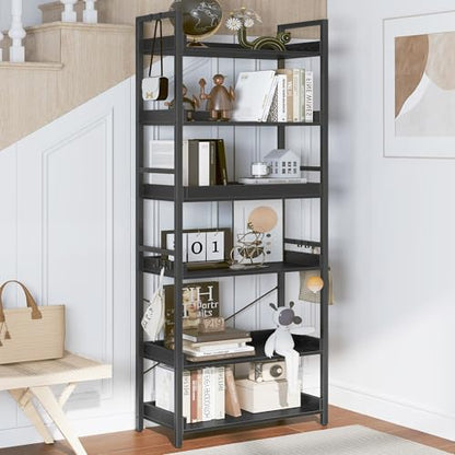 HCHQHS 6 Tier Bookshelf, Adjustable Industrial Bookcase, Vertical Tall Book Shelf, Wood and Black Metal Open Bookshelves for Home Office, Living Room, Bedroom, 70 Inch - color: Black, size: 6-Tier (24"W x 70"H)