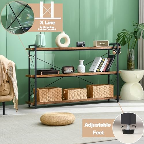 HCHQHS Bookshelf, 3-Tier Long Industrial Bookcase, Rustic Open Book Shelf, Freestanding Horizontal Bookshelves with Metal Frame - color: Rustic Brown, size: 3-Tier (56.7"W x 35.8"H)