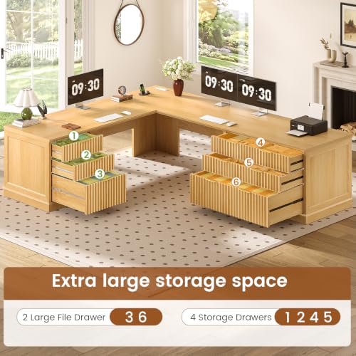 SEDETA Fluted 78.8" L Shaped Desk with 6 Drawers, Fluted Oak - color: Fluted Oak, size: 78.8" L Shaped Desk