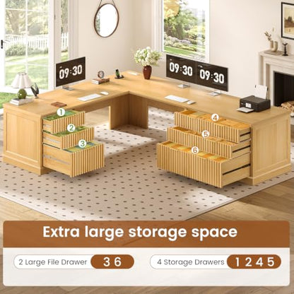 SEDETA Fluted 78.8" L Shaped Desk with 6 Drawers, Fluted Oak - color: Fluted Oak, size: 78.8" L Shaped Desk