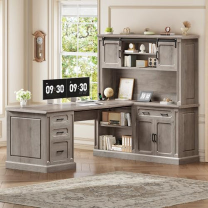 SEDETA 67" Farmhouse Executive L Shaped Desk with Hutch & Storage - color: Grey, size: 67" L Shaped Desk with Hutch