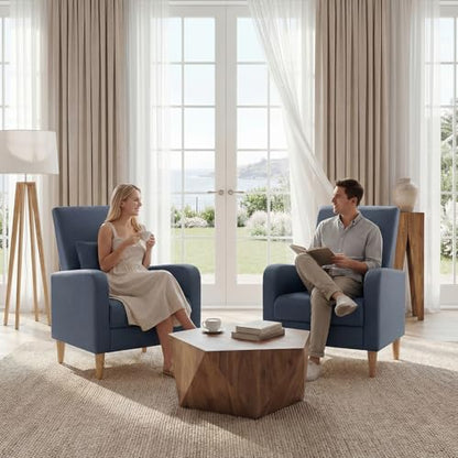 COLAMY Mid-Century Modern Accent Chairs Set of 2, Faux Leather Upholstered Living Room Chairs with Back Pillow & Solid Wood Legs, Comfy Armchair for Living Room, Bedroom, Single Sofa, Dark Blue - color: Dark Blue, size: Set of 2