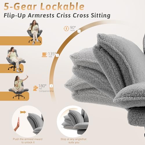 Wider Seat Office Chair with Flip Armrests for Criss Cross Legged&Cats, Big and Tall Executive Ergonomic Reclining Chair with Footrest&Lumbar Pillow, Teddy Fleece Desk Chair,Grey Vanity Chair - color: Grey