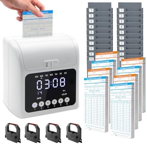 Time Clock Bundle for Small Business, Passcode Time Clock Punch Machine with 400 Time Cards, 4 Ink Ribbons, 2 Ten-Slot Time Card Racks, Auto-Align Clock in Machine for Employees - style: 400-Card Time Clock Bundle with Passcode