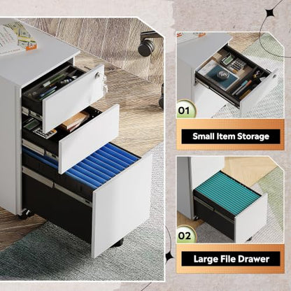 DEVAISE 3 Drawer Slim File Cabinet with Lock, Fully Assembled | Under Desk Metal Filing Cabinet with Wheels for Home Office, Fits Legal/Letter/A4 File, - White - color: White, size: Narrow 17"D x 12"W x 24"H