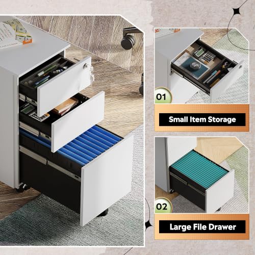 DEVAISE 3 Drawer Slim File Cabinet with Lock, Fully Assembled | Under Desk Metal Filing Cabinet with Wheels for Home Office, Fits Legal/Letter/A4 File, - White - color: White, size: Narrow 17"D x 12"W x 24"H
