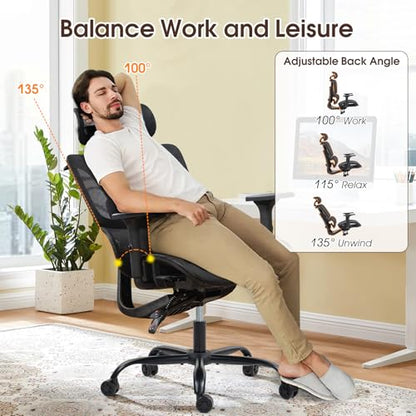 Black Ergonomic Mesh High Back Office Chair | Lumbar Support, Adjustable Headrest, 3D Armrests, Reclining, Breathable Mesh, Sturdy Base, 360° Swivel, for Office, Gaming - color: Black, style: Upgrade w/o footrest