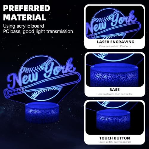3D LED Night Light Baseball Design for New York, 16 Colors Changing Table Lamp with Remote & Touch Control, Dimmable USB Bedroom Night Lamp, Kids Room Decor & Holiday Gift