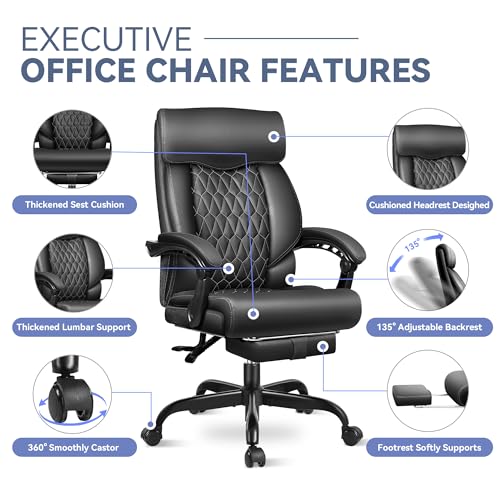 Office Chair, Big and Tall Office Desk Chair, Reclining Office Chair with Footrest Home Office Desk Chairs, High Back Ergonomic with Lumbar Support, Executive Leather - color: Matte Black, style: With Footrest