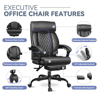 Office Chair, Big and Tall Office Desk Chair, Reclining Office Chair with Footrest Home Office Desk Chairs, High Back Ergonomic with Lumbar Support, Executive Leather - color: Matte Black, style: With Footrest