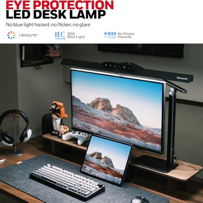 Honeywell HJ1BK Eye-Caring 1200LM LED Architect Desk Lamp for Home Office | CRI≥97, Flicker-Free, 4 Color Temps, Task Desk Light with Base for Computer, Study, Black - style: Black Base