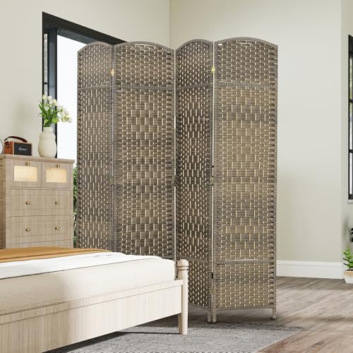 HOMCOM 4 Panel Room Divider 6 Ft Privacy Screen Hand-Woven Dark Rustic Oak | Folding PP Wall Partition, Pine Wood Frame, Freestanding Room Separator, Bedroom Home Office, No Assembly - color: Oak, size: 4 Panel