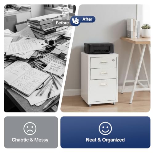 3-Drawer Metal Vertical File Cabinet, Narrow Mobile File Cabinet with Lock and 2 Keys, Under Desk Storage Drawer for Study Home-11 * 16 * 18.3in (White) - color: White