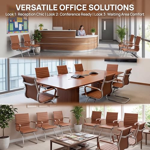 Conference Room Chairs Set of 2, Waiting Room Chairs with Arms, Faux Leather Reception Chairs No Wheels, Office Guest Chairs with Mid Back Support and Chrome Sled Base, Cafe - color: Cafe, size: 2PCS