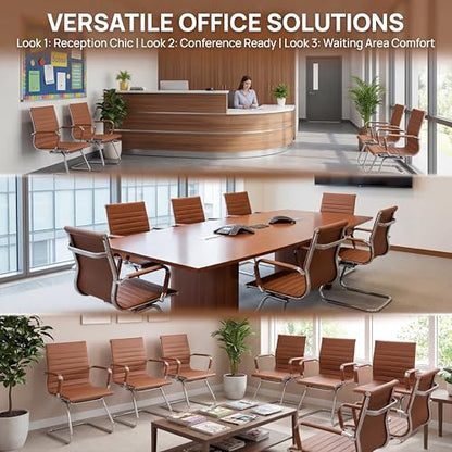 Conference Room Chairs Set of 2, Waiting Room Chairs with Arms, Faux Leather Reception Chairs No Wheels, Office Guest Chairs with Mid Back Support and Chrome Sled Base, Cafe - color: Cafe, size: 2PCS