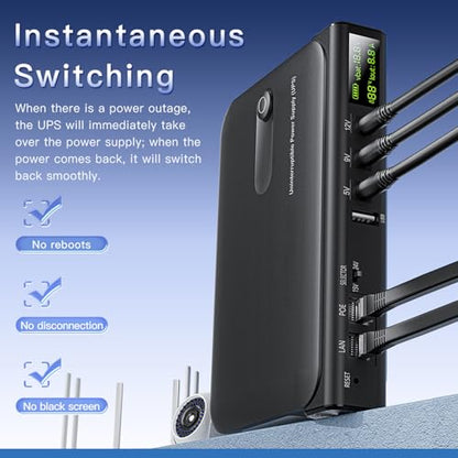Mini UPS Battery Backup, 36W Uninterruptible Power Supply with DC 5V/9V/12V USB 5V LAN POE 15/24V Output and Real Time Monitoring Display for WiFi Router, Modem, Camera (US Plug 110V)
