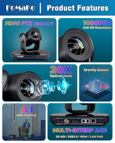 FoMaKo PTZ Camera 20X Optical Zoom, 1080P 60fps AI Auto-Tracking & Framing, USB3.0 3G-SDI HDMI PoE+, LCD IP Display for Live Streaming Church Worship, Conference Room & Education, NDI Upgradeable K20 - color: Matte Black