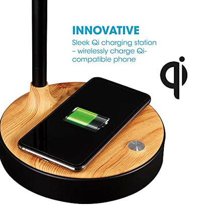 OttLite LED Table Lamp with Wireless Charging and USB, Black with Wood | ClearSun LEDs Reduce Eyestrain | 3 Color Temperature Modes | Movable Pivoting Shade | Extends 21"-25" Tall - color: Brown