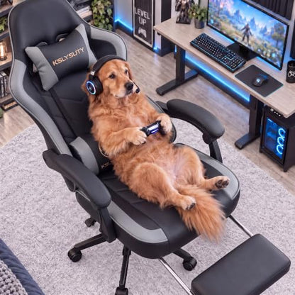 Desk Computer Gaming Chair - High Back Ergonomic Office Chair with Footrest and Lumbar Support, Swivel Comfy Home Gamer Video Game Chairs with Pocket Spring Cushion for Adults (Grey Leather) - color: Classic Grey Leather
