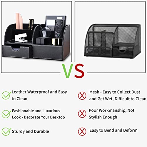 Pu Leather Desk Organizer Pen Pencil Holder Office Supplies Caddy Storage Box 6 Compartments with Drawer Black - color: Black