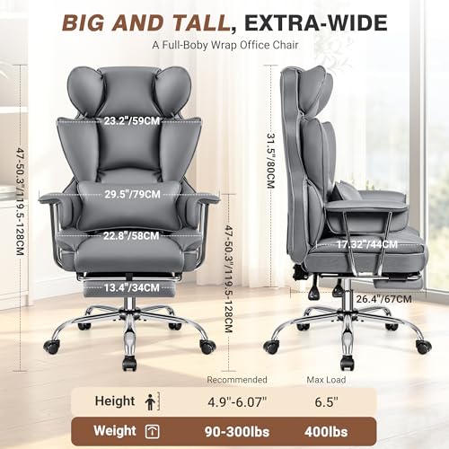 ALLGOD Big and Tall Office Chair 400LBS, Executive Ergonomic Leather Chair with Footrest, Wide Seat Gaming Office Chair with Pocket Spring Cushion, Reclining High Back Computer Desk Chair, Grey - color: Grey, size: 1 Pack