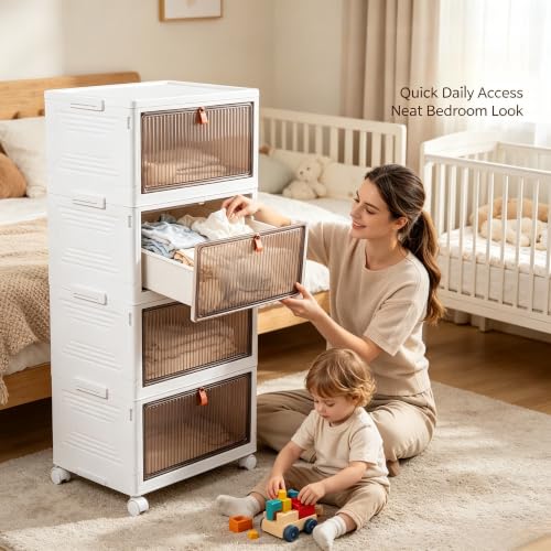 4-Tier Foldable Plastic Drawer Storage with Wheels,Stackable Storage Bins with Lid,Organization and Storage Boxes for Kitchen,Cloakroom,Closet,Living Room,Office and Dorm - size: 17.13''