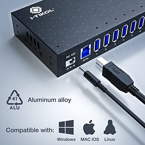 USB 3 0 Hub - 16 Ports Powered USB Hub - Desktop USB Expander Hub - up to 5Gbps High-Speed USB Splitter for Multiple Devices - Aluminum Alloy Multiple USB Hub w/AC Adapter for Laptop Phone Tablet PC