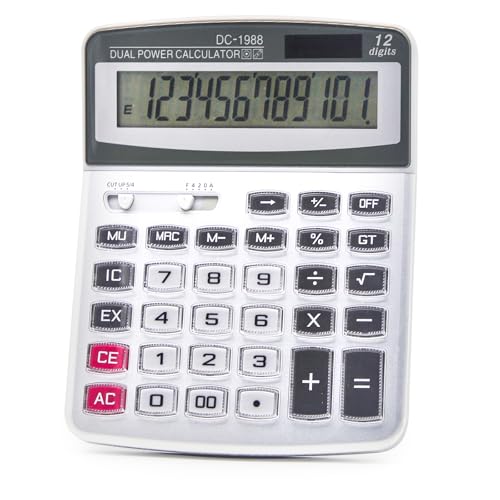OFFIDIX Desk Calculator 12 Digits Extra Large LCD Display,Big Buttons Dual Power Solar Calculator for Office,Work,Business,Home and School - color: Silver