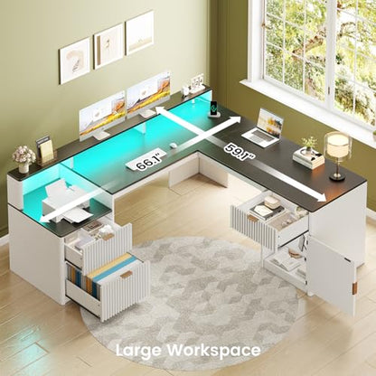 SEDETA 66" Modern L Shaped Desk with Drawers, Fluted Home Office Desk with File Cabinet and Printer Shelf, Wood Executive Desk with Monitor Stand, Led Lights, Power Outlets, White - color: White, size: L Shaped Desk