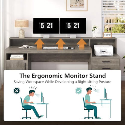 YOMILUVE 65" Computer Desk with 3 Drawers & Printer Shelf for Home Office - color: Grey