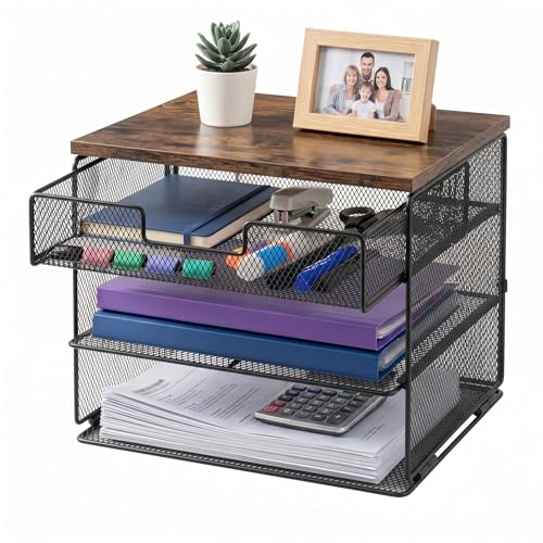 4-Tier Mesh Desk Organizer and Accessories with Drawer Wooden Top Desktop Organizers Letter Tray Paper Organizer File Holder for Home Office School Black - color: Black