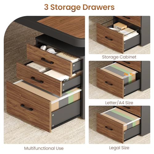 Itaar 70.9" Executive Desk, Large Computer Desk with Drawers and Lateral File Cabinet, Office Desk with Removable Shelves, Business Furniture Desk Workstation for Home Office, Brown - color: Brown