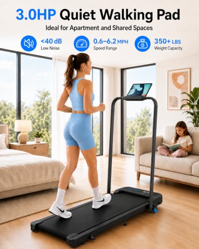 Cardirun Walking Pad with Incline and Stable Handle Bar, Foldable Treadmill | 350+ lbs Capacity, 3.0HP Quiet Under Desk Treadmills for Home, Portable Treadmill with APP, Remote Control and LED Display - color: BLACK