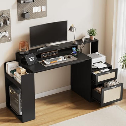 Farmhouse Computer Desk with Drawers and Power Outlets, 60” Home Office Desk with Adjustable File Drawer, Cat Scratching Pad, Printer Stand, Shelves & Monitor Riser, Black