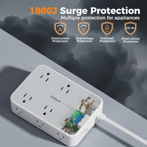 TESSAN Surge Protector Power Strip, 10FT Flat Extension Cord | 12 Outlet Extender with 4 USB (2 USB-C), Flat Plug Power Strip, 1800J Surge Protection, Office, Dorm Essentials, Gray - size: 10 FT