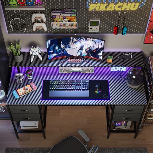 Huuger 47 inch Computer Desk with Power Outlets & 4 Drawers - color: Carbon Fiber Black, size: 47 Inch