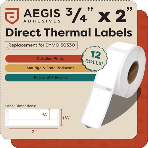 Replacement for DYMO 30330 (12 Rolls, 6000 Labels) 3/4" X 2" Direct Thermal | Return Address and File Folder Labels - Compatible with LabelWriter 450, 450 Turbo, 4XL (NOT 550, 5XL) - Aegis Adhesives - size: 3/4" X 2" - 30330