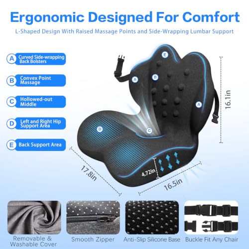 Memory Foam Seat Cushion with Lumbar Support for Sciatica & Tailbone Pain Relief, Fit Office Chair, Wheelchair, Car Seat, Airplane, Long Sitting Workers & Drivers (Black) - color: Black