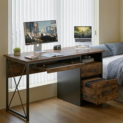 Bestier Office Desk with Drawers, 55 inch Industrial Computer Desk with Storage, Wood Teacher Desk with Keyboard Tray & File Drawer for Home Office, Rustic Brown - color: Rustic Brown
