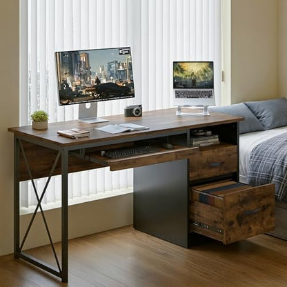 Bestier Office Desk with Drawers, 55 inch Industrial Computer Desk with Storage, Wood Teacher Desk with Keyboard Tray & File Drawer for Home Office, Rustic Brown - color: Rustic Brown