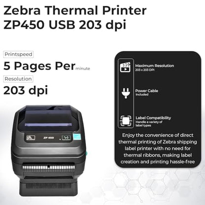 Zebra ZP450 Thermal Label Printer – 4x6 Direct Thermal Shipping Label Printer, USB Barcode & Address Label Maker for Small Business, Warehouse & Online Sellers (Renewed)