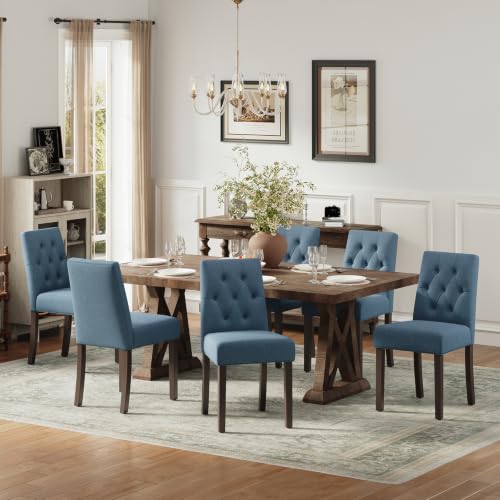 Upholstered Dining Chairs Set of 6, Modern Fabric Dining Chairs with Tufted Design, Kitchen Side Chairs, Farmhouse Dinner Chair with Wood Legs for Kitchen Restaurant Living Room, Blue - color: Blue, size: Set of 6