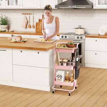 DTK 3-Tier Metal Utility Rolling Cart with Table Top and Side Bags, Art Craft Cart with 4 Hooks for Kitchen, Bathroom, Office, Living Room (Pink) - color: Pink, size: Large