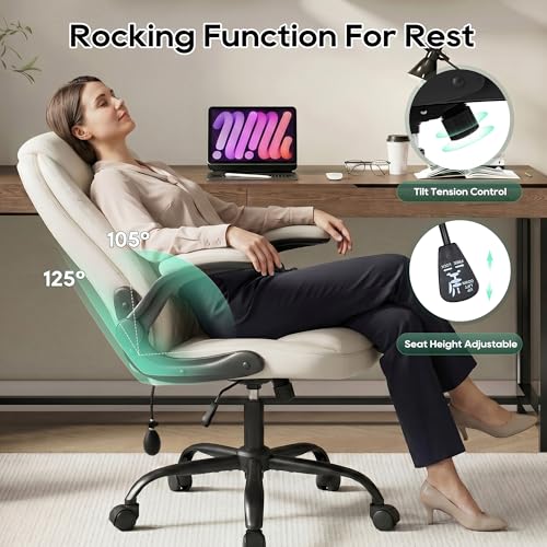 MALOL Leather Office Chair, Home Desk Chair with Flip-up Arms, Beige - color: Beige-new, size: Set of 1